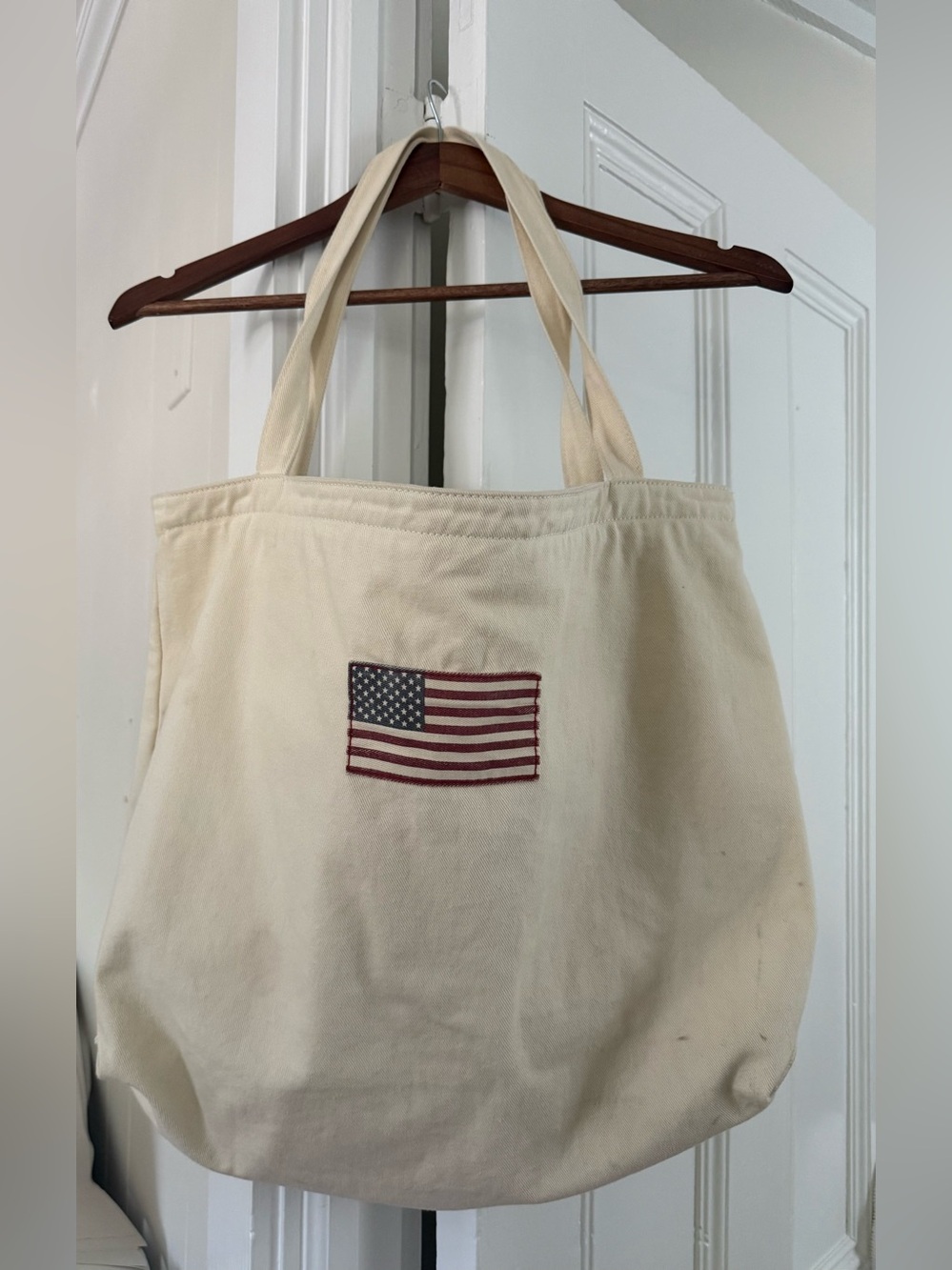 Brandy Melville Canvas Tote Bag with Embroidered Flag - Cream
